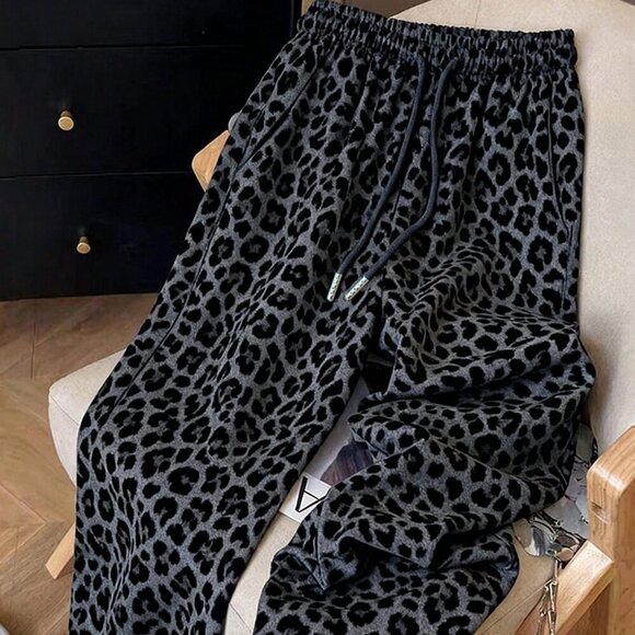 Pants - Grey Casual Women's Chic Leopard Print Sweatpants